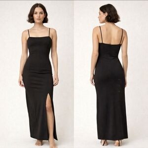 Black Sculpting Seam Maxi Dress w Slit Spaghetti Straps Small
